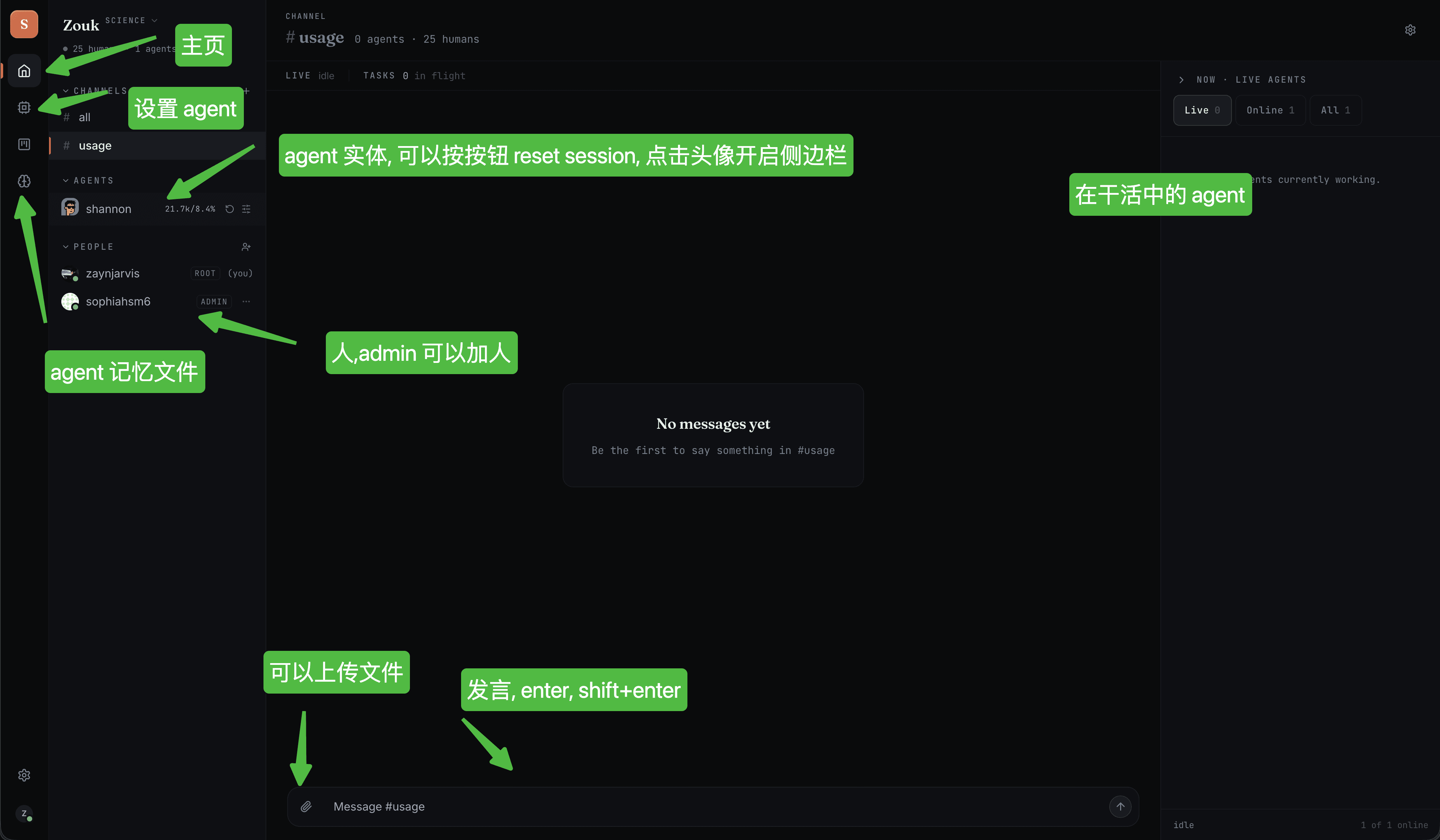 Zouk channel 页面：频道、agent、人员、消息框、上传、活跃 agent